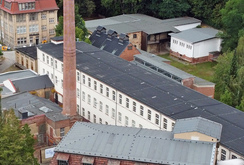 Luftaufnahme der Tuchfabrik Gebrüder Pfau